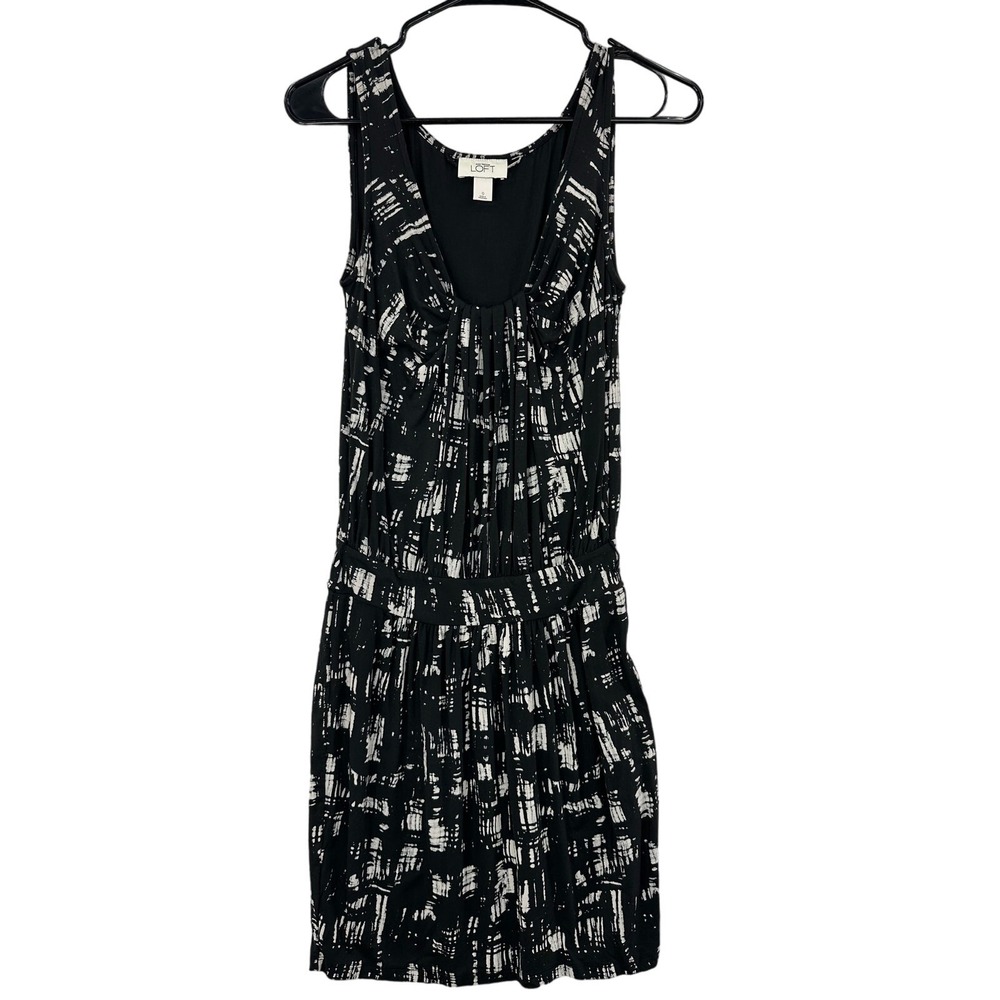 Ann Taylor Loft Dress Womens 0 Black White Abstract V-Neck Mini Excellent